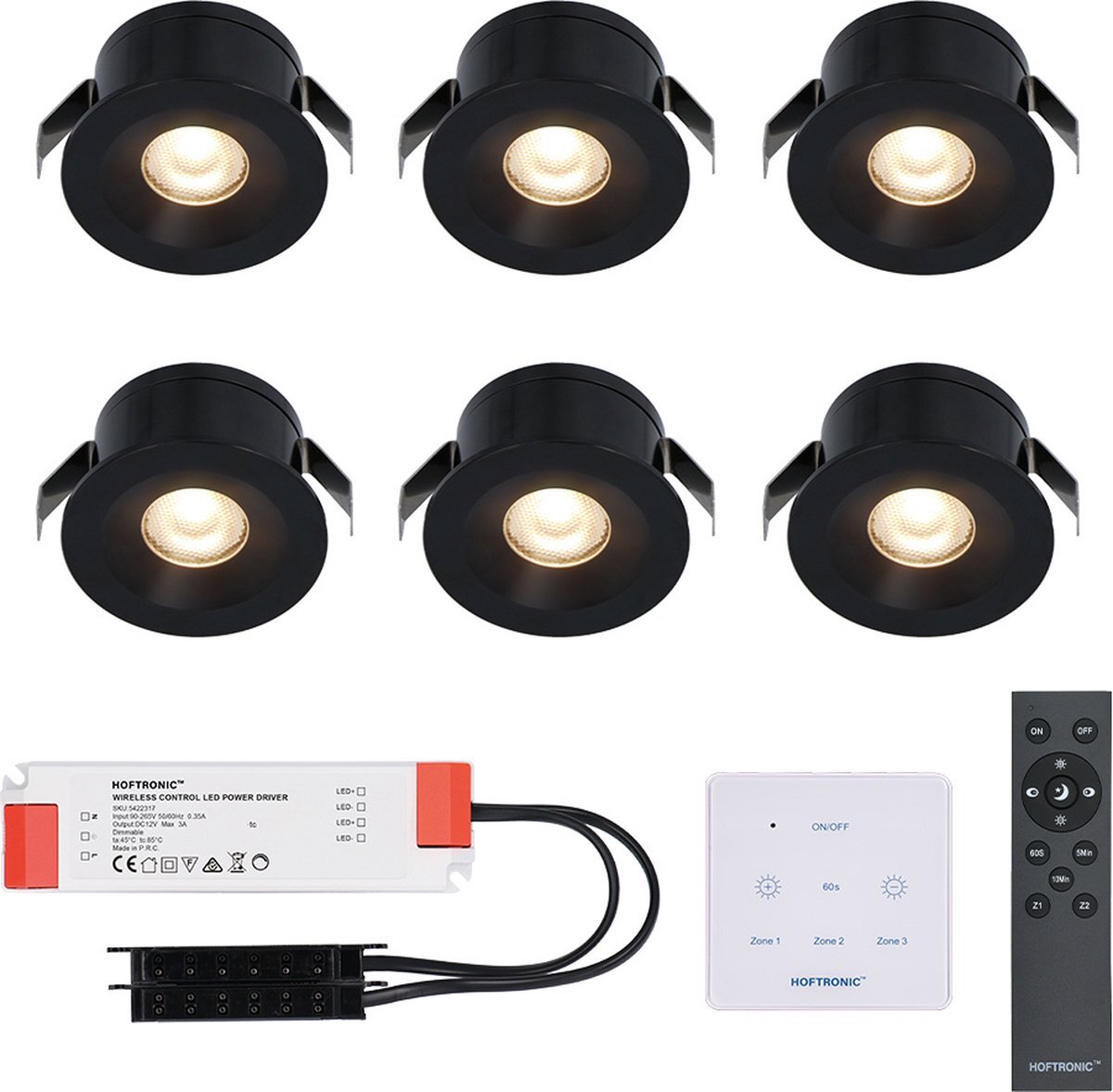 HOFTRONIC 6x Cadiz Zwarte LED Inbouwspots Complete Set Met Muurdimmer