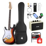 Donner DST100 Elektrische gitaarset, 39 inch, voor linkshandigen, S-S-H pick-up met versterker, tas, riem, snaren, stemapparaat, kabels, plectrums