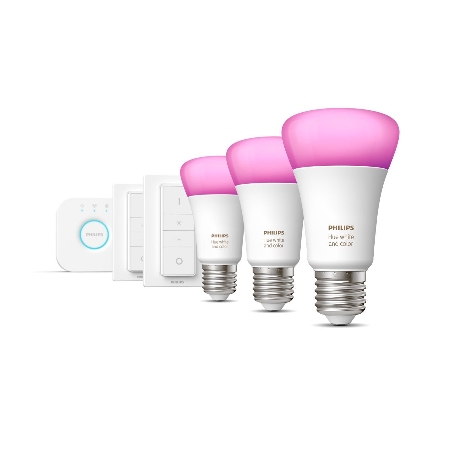 Philips Hue White and Color ambiance Starterkit: 3 E27 slimme lampen (800) + dimmer switch