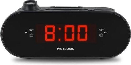METRONIC 477039 FM-wekkerradio met projectie, dubbel alarm, slaap-/snooze-functie, instelbare helderheid en batterijen, zwart