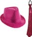 Merkloos Carnaval verkleed setje - glitter hoedje en stropdas - fuchsia roze - volwassenen - met pailletten