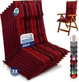 Beautissu Sun-HL - Set van 7 Premium Hoge Rugleuning Kussen met Hoofdkussen 120x50 cm UV-bestendig & 8cm Dik Kussen Tuinstoelkussen Antislip Bevestigingsbanden Stevige Stof Rood gestreept