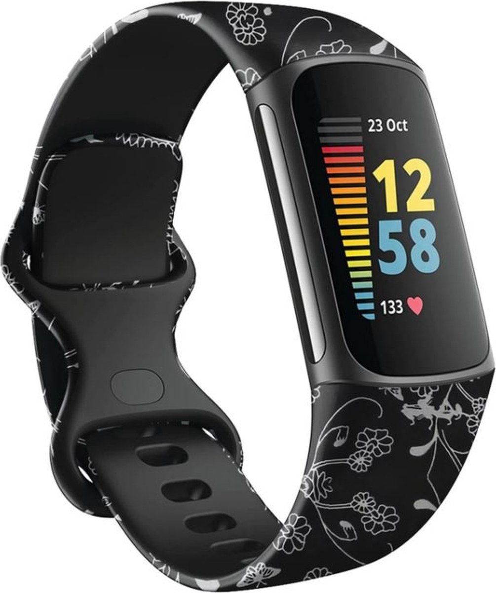 Strap-it Black Floral bandje - Geschikt voor Fitbit Charge 5 - Maat L