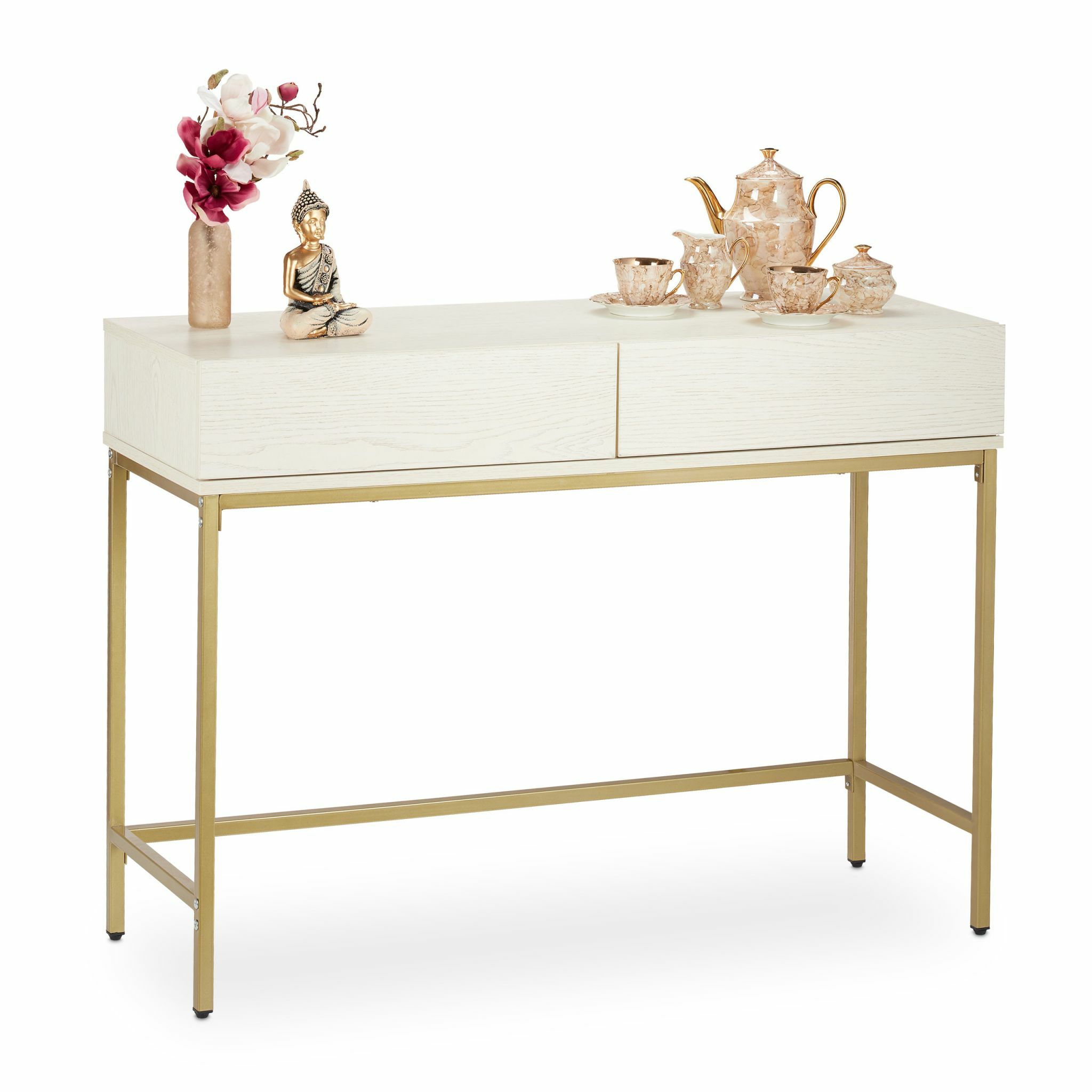 Relaxdays Sidetable - White with Gold Accents - 2 Drawers - 110x40cm - Console Table