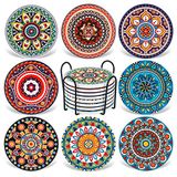 Onderzetters AODINI 8 stuks absorberende onderzetters van steen voor houten tafel, mandala-keramische onderzetters met kurkbasis, cadeau voor housewarmingparty, verjaardag en familie - leuke decoratie voor thuis en eetkamer