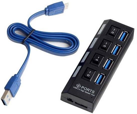Mmobiel High Speed 4 Ports 3.0 USB hub Multi oplaadadapter met aan/uit knop en led verlichting. Super snelle multi oplader