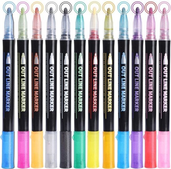 ValeDelucs Glitterstiften Kleurstiften Glitterpennen - Metallic Outline Markers Pennen - 12 kleuren