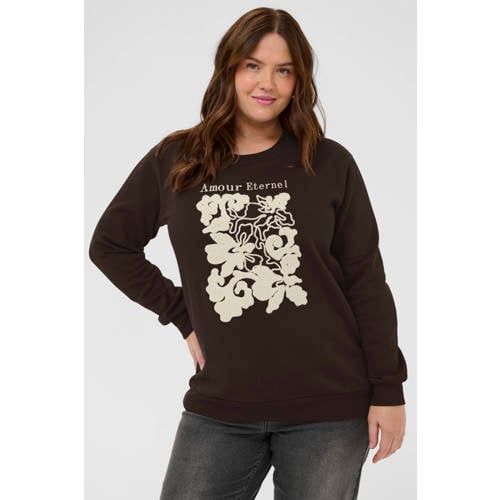 Kaffe Curve sweater Plus Size met borduursels en print - donkerbruin