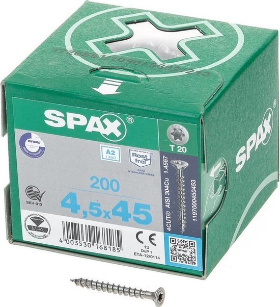 Spax R.v.s. schroef, 4,5 x 45 mm, 200 stuks, volledig schroefdraad, platkop, T-STAR plus T20, 4CUT, roestvast staal A2 - 1197000450453