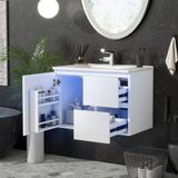 REDOM - Meuble de salle de bain - Suspendu au mur avec lavabo en céramique intégré - Éclairage LED avec détecteur radar - Deux tiroirs et étagère réglable - Moderne - MDF - Blanc - 76 x 46 x 50 cm