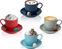 Shenzhen Haorui Industrial Technology Co., Ltd. 4oz. Tasses à expresso Set de 4 avec soucoupes assorties - Porcelaine de qualité supérieure, Set Demitasse de 8 pièces - Rouge, bleu et gris - Tasses à café italiennes, Tasses à café turques - Lungo Shots, Dopio Double Shot