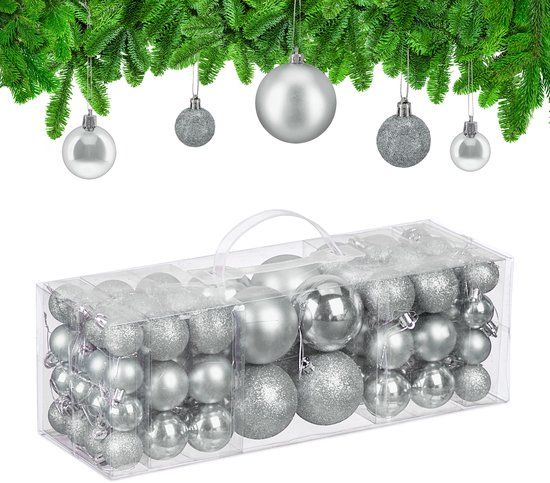 Relaxdays Kerstballen set van 76 - 3, 4 en 6 cm - plastic - onbreekbaar - zilver