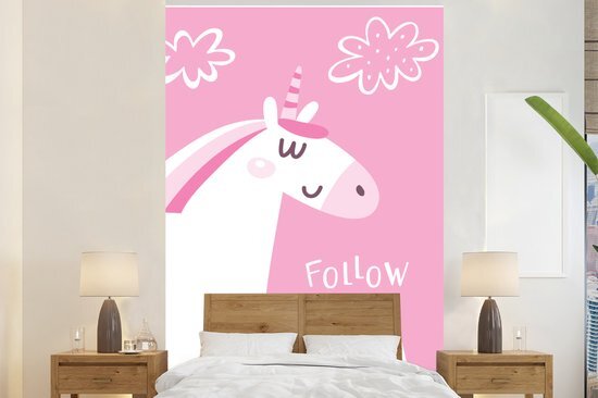 Nr1Wallpaper Behang - Fotobehang Illustratie van een eenhoorn en de quote Follow your dreams - Breedte 155 cm x hoogte 240 cm