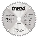 Trend Wood verstekzaagblad, 255 mm diameter, 30 mm boring, 60 tanden, 2,4 mm snijvoeg, -5° haak, TCT, fijn oppervlak, CSB/CC25560