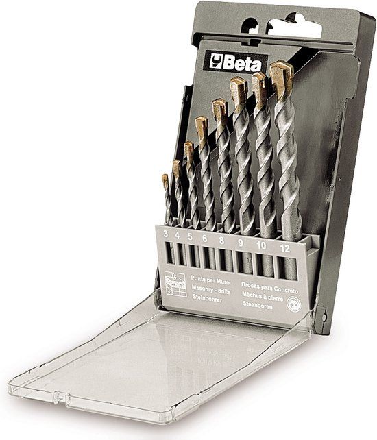 Beta Set steenboren, korte uitvoering vervaardigd uit gefreesd staal met hardmetalen snijplaten (art. 417) in kistje 417/SP8