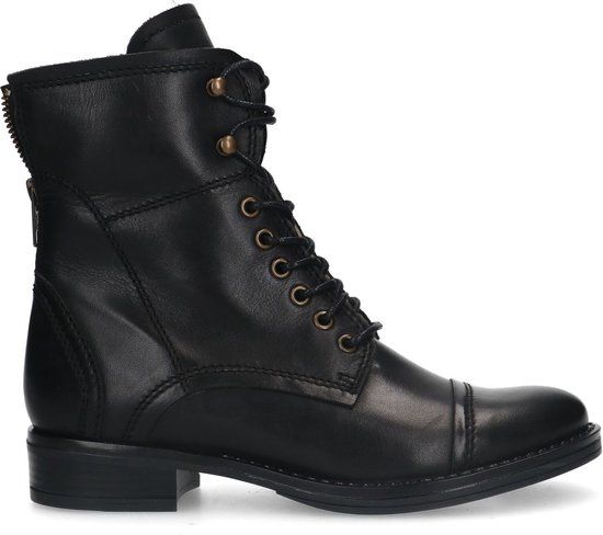Manfield Zwarte Leren Veterboots met Bont Voering - Maat 41