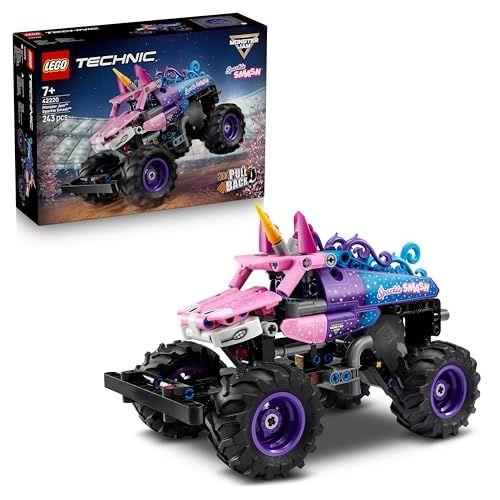 LEGO Technic Monster Jam Sparkle Smash Pull-Back Truck Toy - Pink Unicorn Themed Race Car Model Kit - Creative Birthday Gift for 7+ Year Old Boys, Girls & Fans - 42220