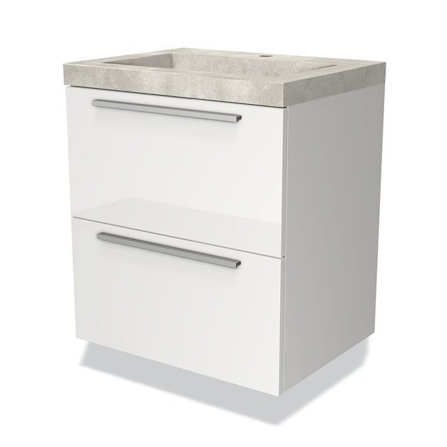 Maxaro Badkamermeubel 60cm Modulo Hoogglans Wit 2 Lades Vlak Wastafel Beton Greige