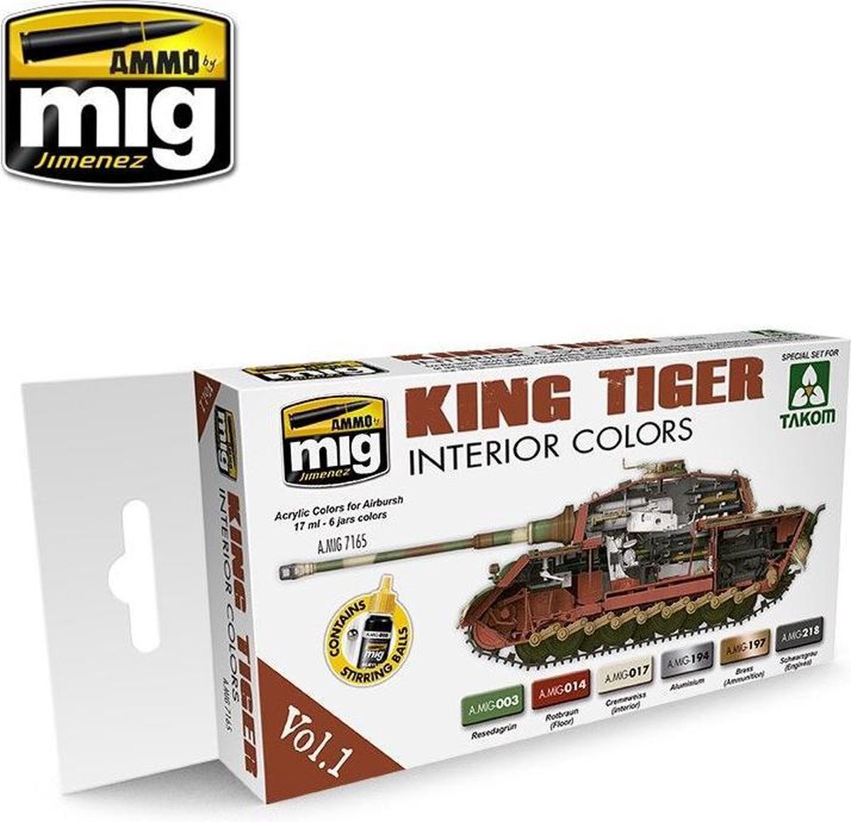 mig MIG-7165 King Tiger Interieur Kleur (Special Takom Edition) Vol.1 Acrylverf Set, Multicolor