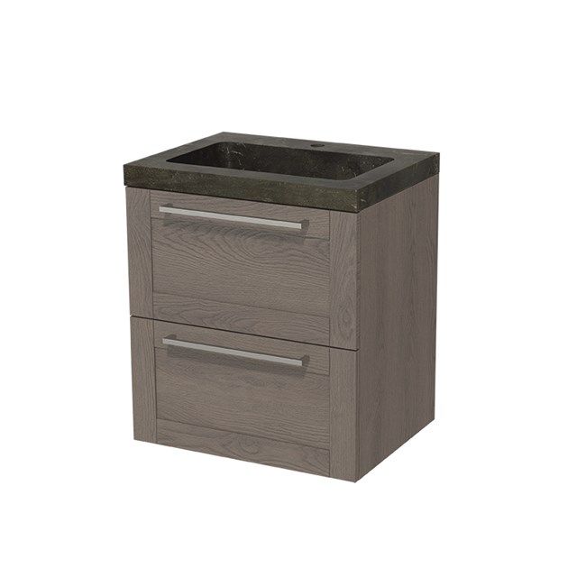 Maxaro Badkamermeubel 60cm Modulo Donkerbruin Eiken 2 lades Kader Wastafel Natuursteen Blue Stone