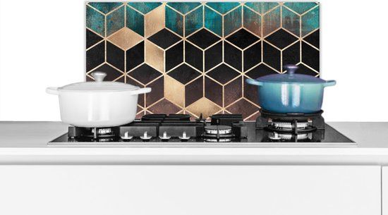 KitchenYeah Spatscherm keuken - Kubus - Marmer print - Patronen - Goud - Luxe - 70x30 cm