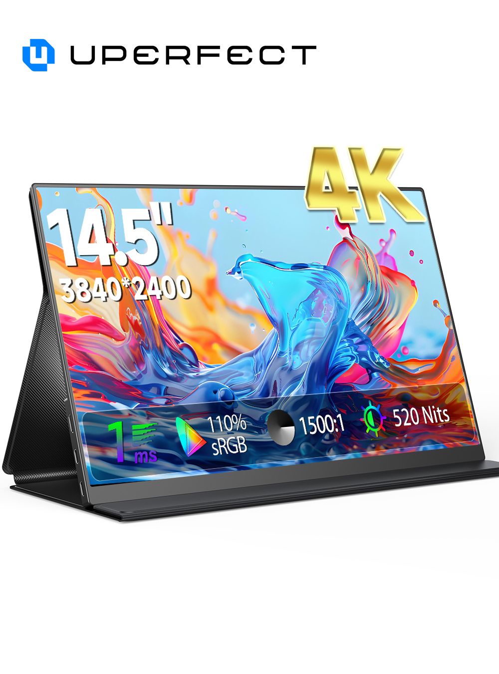 UPERFECT 14.5" 4K Portable Monitor 60Hz 16:10 IPS Screen with Type-C Mini HDMI Second Display Stand for MAC/Laptop/PC/Xbox/PS5