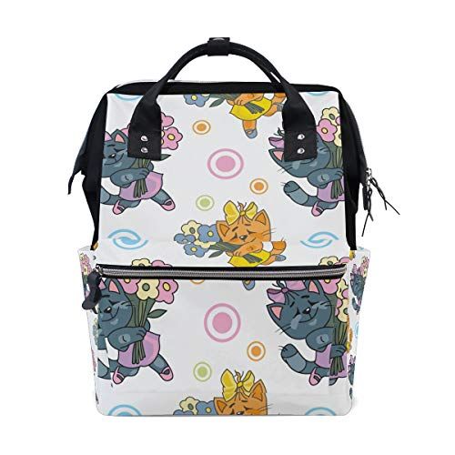 MONTOJ Grijs En Bruin Kat Met Bloemen Canvas Rugzak Reizen Campus Rugzak - 5601224251459