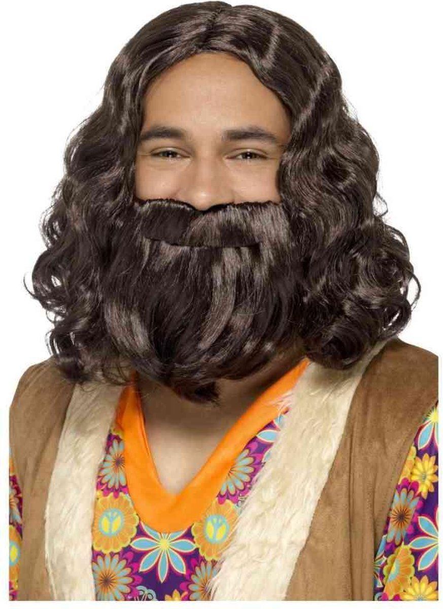Smiffys Pruik en Baard Hippie/Jesus Set Bruin - Synthetisch - Bruin - EAN: 5020570283950