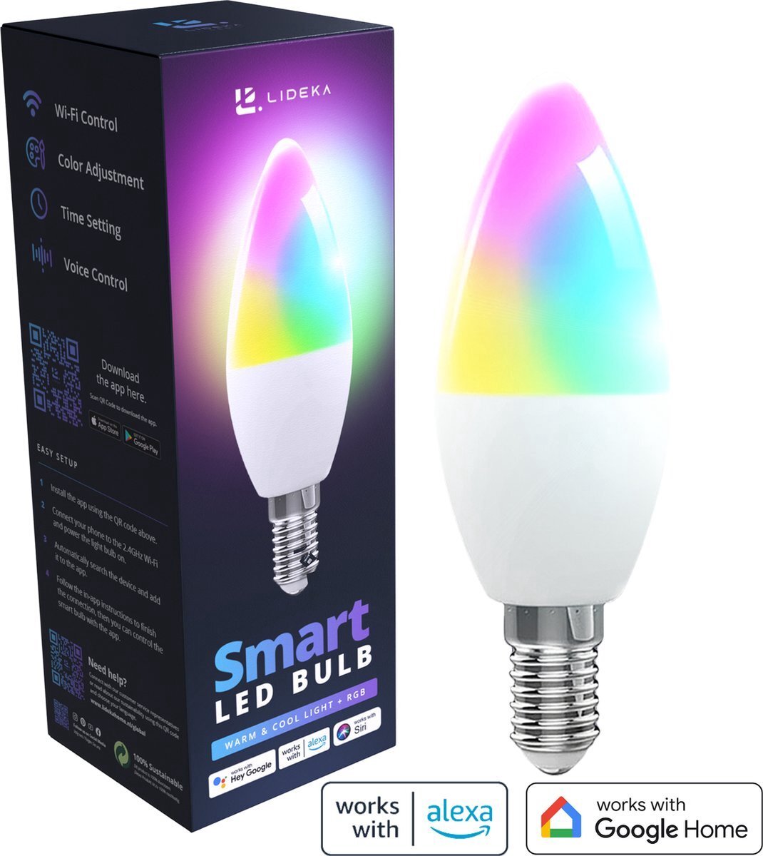 LIDEKA Lideka® - Slimme LED Smart Lampen - E14 - RGBW - met App - 6W - 600 Lumen - 2700K - 6500K - Smart LED Verlichting - Dimbaar - Google, Alexa en Siri