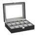 SONGMICS Boîte à montres avec 10 compartiments, couvercle en verre, coussins amovibles, PU, noir/gris