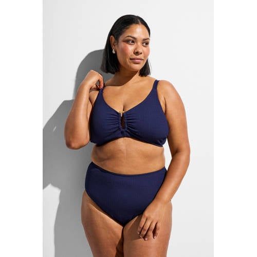 Zizzi high waist bikinibroekje SLINO met ribstructuur donkerblauw