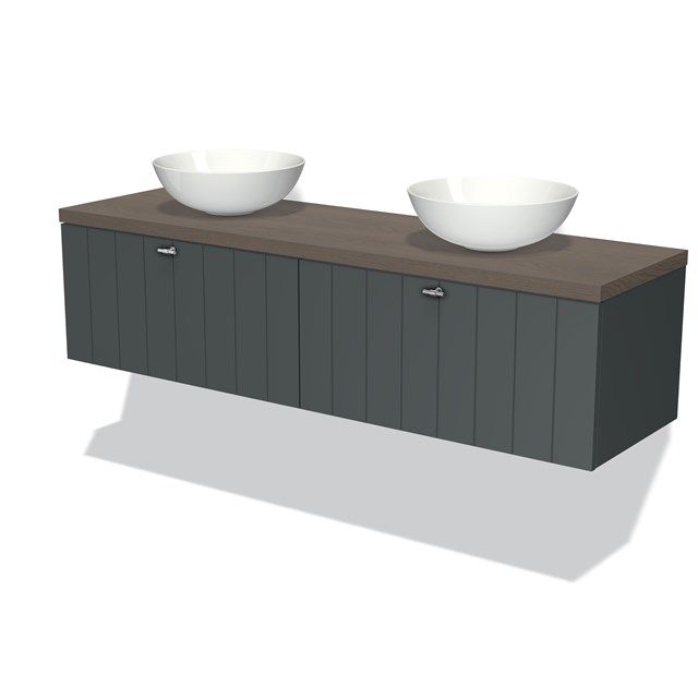 Maxaro Badkamermeubel Modulo Plato 160cm Donkergrijs 2 Lades Lamel Donkerbruin Eiken Blad