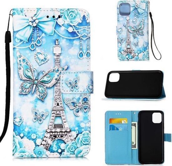 Voor iPhone 12 mini Painted Flat Texture Leather Case met Lanyard &amp; Card Slot &amp; Wallet &amp; Holder (Tower Butterfly)