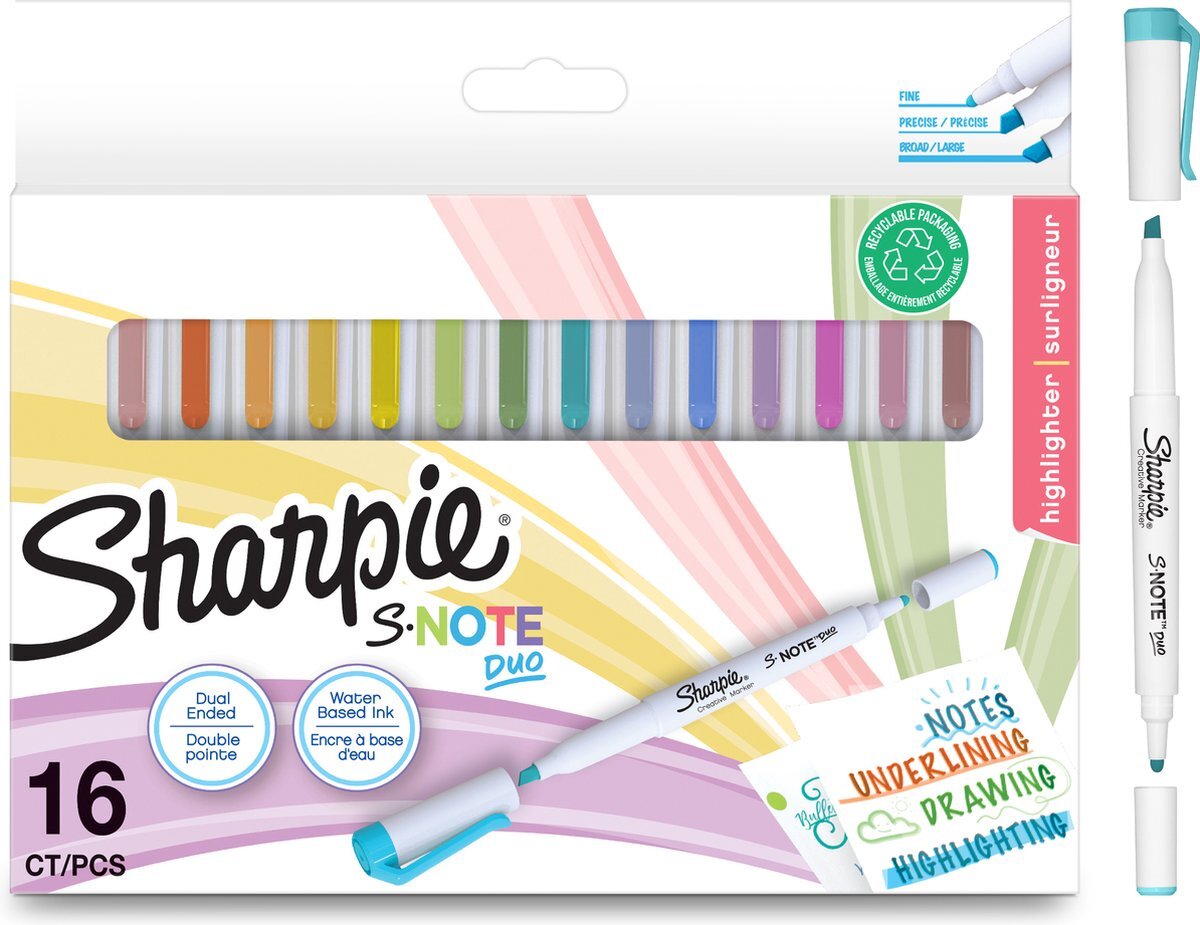 Sharpie S-Note Duo-markeerstiften | Dubbelzijdige creatieve pastel markers | Kogel- en wigvormige punt voor markeren, tekenen, notities maken en meer | 16 stuks