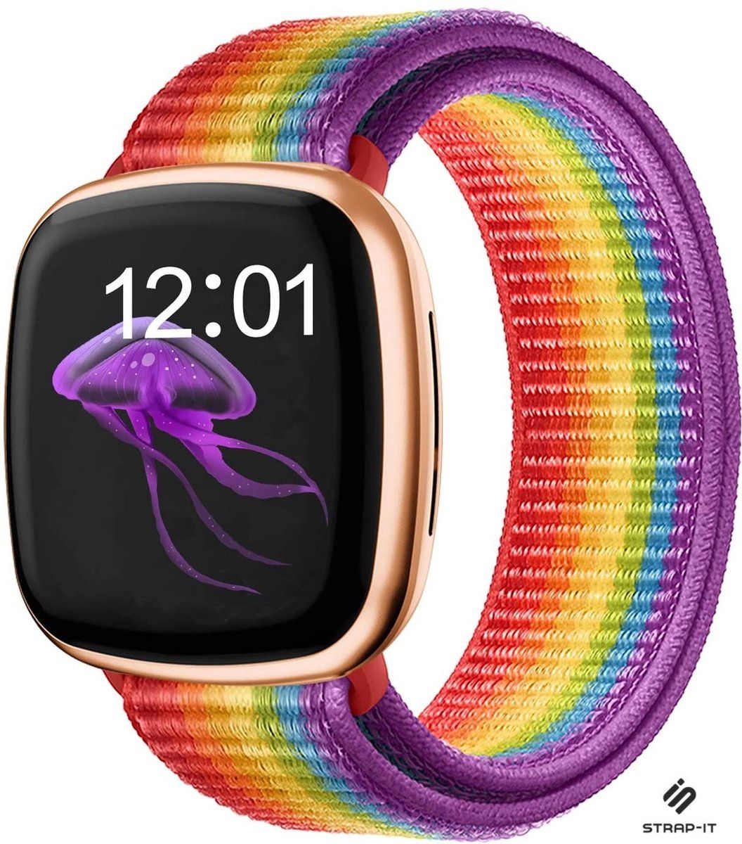 Strap-it nylon bandje - regenboog - Geschikt voor Fitbit Sense & Fitbit Versa 3