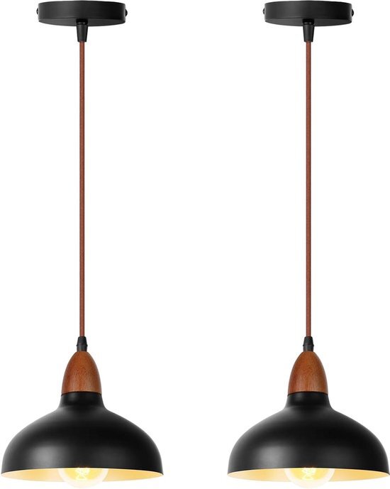 Vintage industriële hanglampen E27 plafondlamp houten design Ø 19 cm lampenkap metaal - Moderne kroonluchter voor eetkamer slaapkamer café zwart