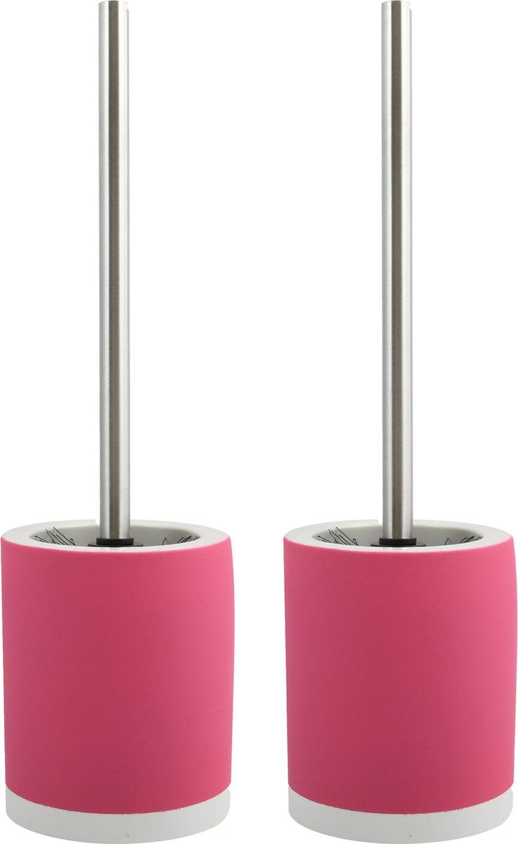 MSV Shine Toilet/WC Brush Holder - 2x - Ceramic/Metal - Fuchsia Pink - 38 cm