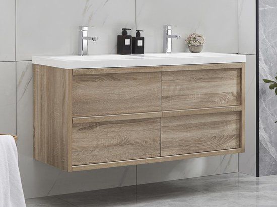 Merkloos Hangmeubel voor badkamer met inbouwwastafel - Licht naturel - 120 cm - QUADRA L 120 cm x H 55 cm x D 46 cm