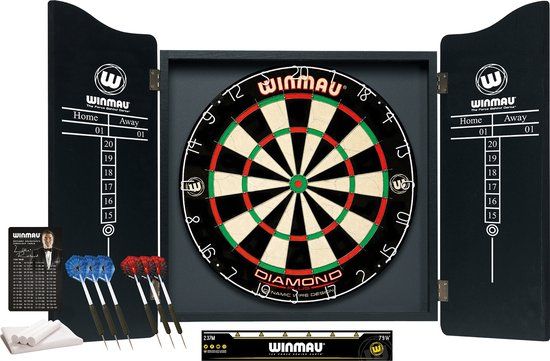 WINMAU - Professional Dart Set - Diamond Plus Bristle Dartboard - Zwart Cabinet - 2 Sets Darts - Oche Line