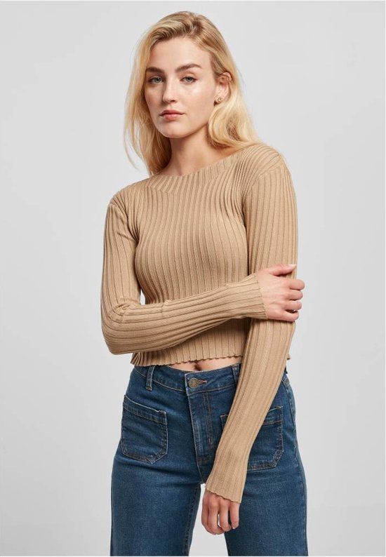 Urban Classics Ladies Short Rib Knit Twisted Back Longsleeve Top - Beige - XL