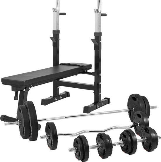 Gorilla Sports Halterbank Zwart Met 100 kg Halterset - Verstelbaar - Fitnessbank