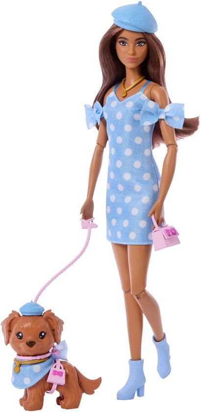 Barbie Twinning Looks, pop hondje in bij elkaar passende outfits met blauwe stippels, met allebei accessoires zoals een baret en een tasje, bruin haar, JFP38