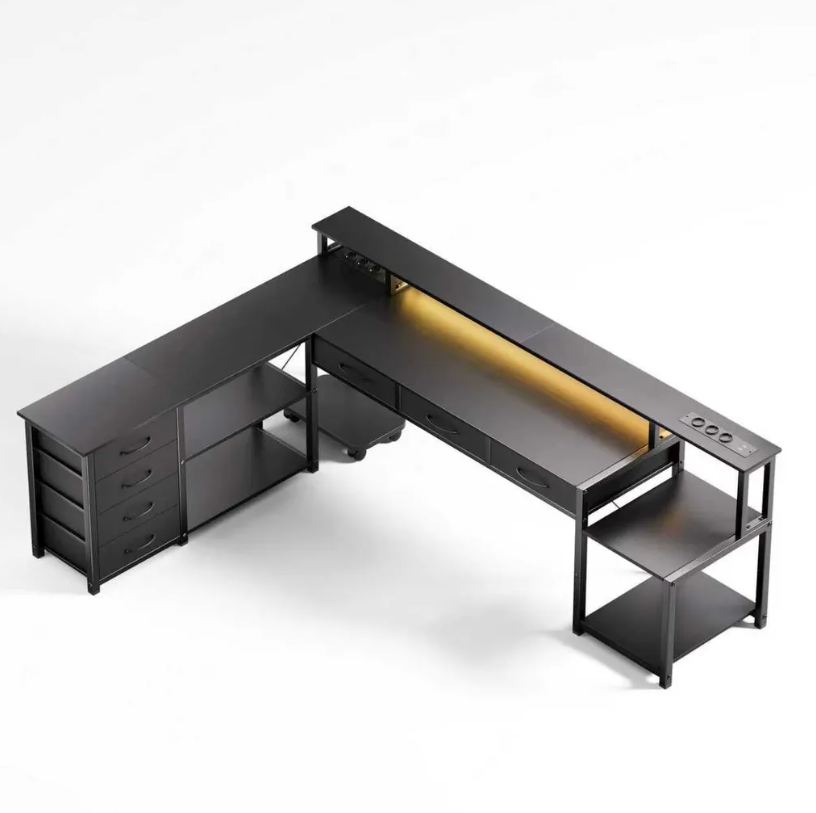 NONE Computertafel Zwart/Wit Hoekig Bureau met Laden, Stopcontacten, USB-poorten, Monitorbevestiging en LED-verlichting