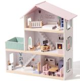 Maison de poupée avec 3 étages, une terrasse et des meubles, de couleur pastel, pour enfants à partir de 3 ans