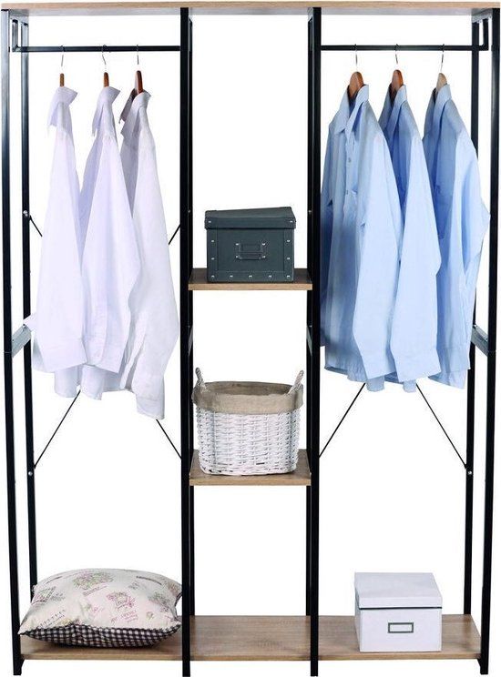 Merkloos Kledingrek Leya - 120 x 40 cm - Hout/Zwart - Met planken - 2 stangen