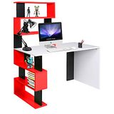 BAKAJI Bureau met dubbel boekenrek met 7 planken, werktafel, pc-deur, computerstructuur en plaat van MDF-hout, decoratie voor thuis, kantoor, kinderkamer, modern design, 120 x 60 x 148 cm (rood)