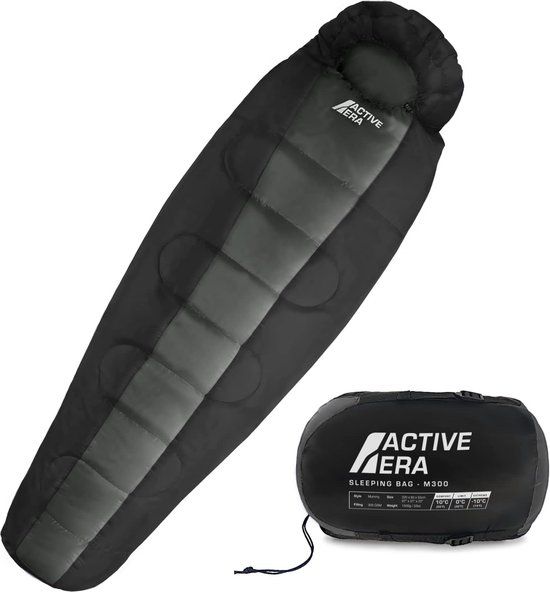 Active Era Professional Premium Slaapzak – 300 GSM Vulling en Waterafstotend – Mummieslaapzak met Binnenzak – 4 Seizoenen voor Kamperen, Camping, Backpacken, Hiken, Festivals, Logeren, Buitenhuis – Volwassenen & Kinderen – 220x80cm – Zwart