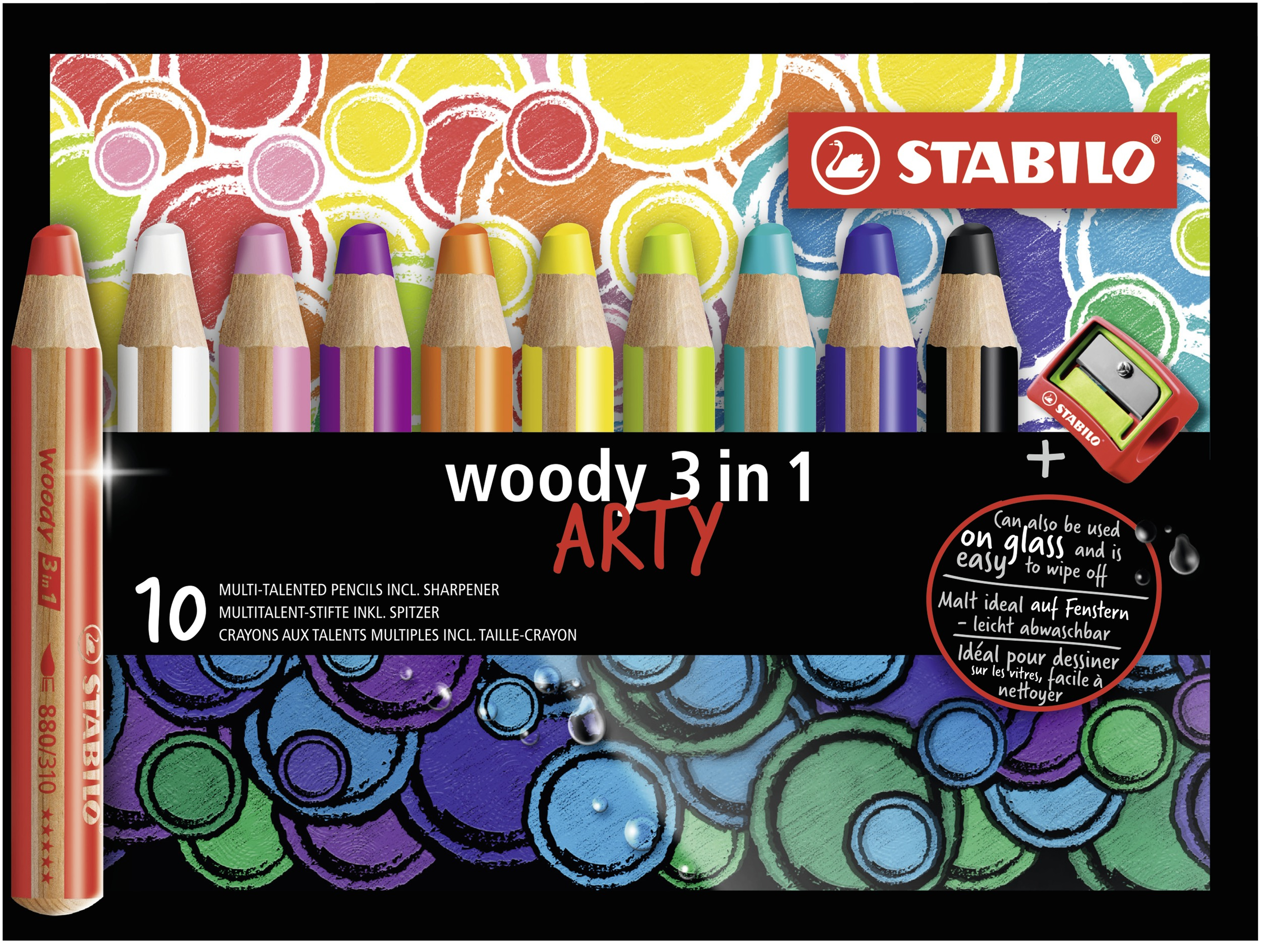 STABILO woody 3 in 1, multitalent kleurpotlood, ARTY etui 10 kleuren + puntenslijper