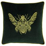 Riva Paoletti Cerana kussenhoes - smaragdgroen - superzachte fluwelen stof - geborduurd gouden bijenontwerp - gouden biesranden - 100% polyester - 50 x 50 cm
