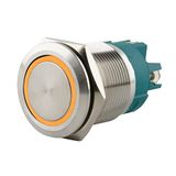SeKi Roestvrijstalen drukschakelaar, Ø 22 mm, vergrendelend, platte kop, gekleurde verlichte led-ring in geel, schroefaansluiting